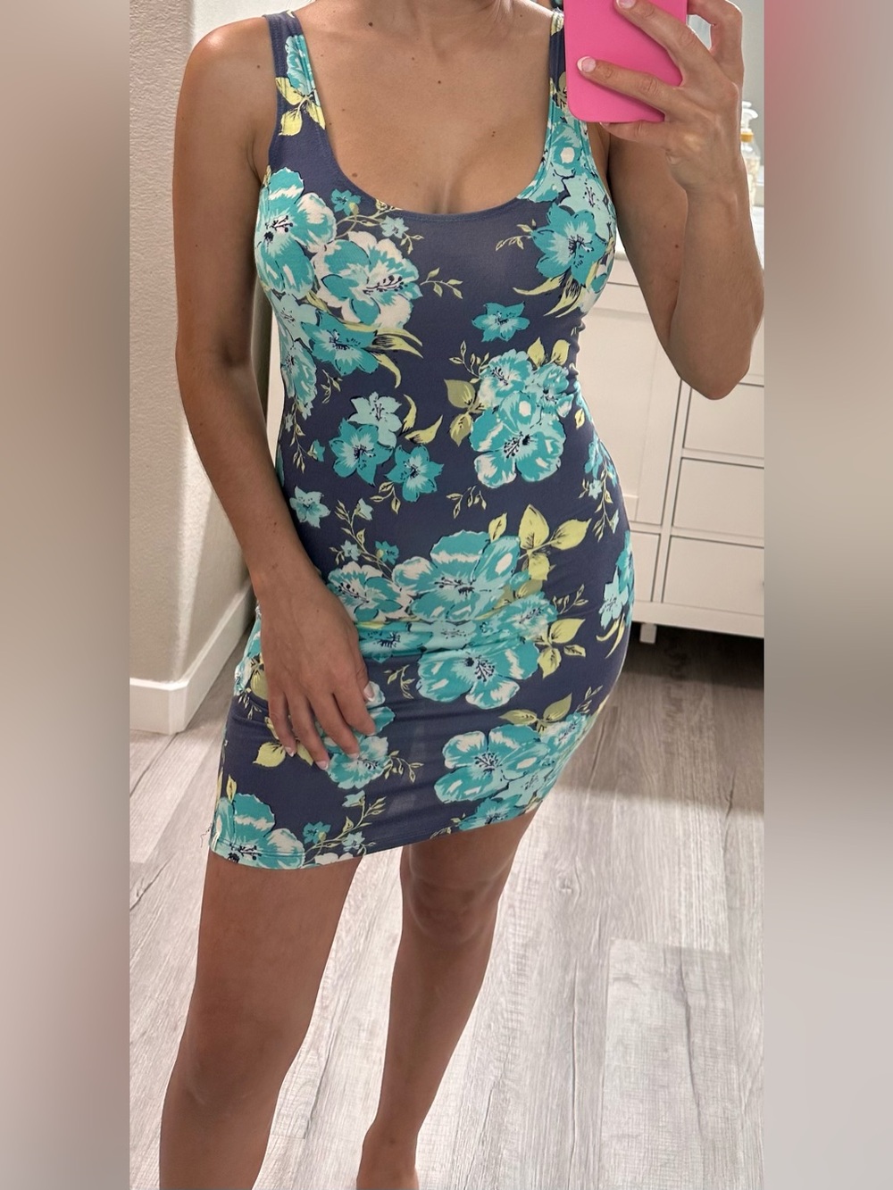 Floral Scoop Neck Bodycon Dress in Teal and Navy
